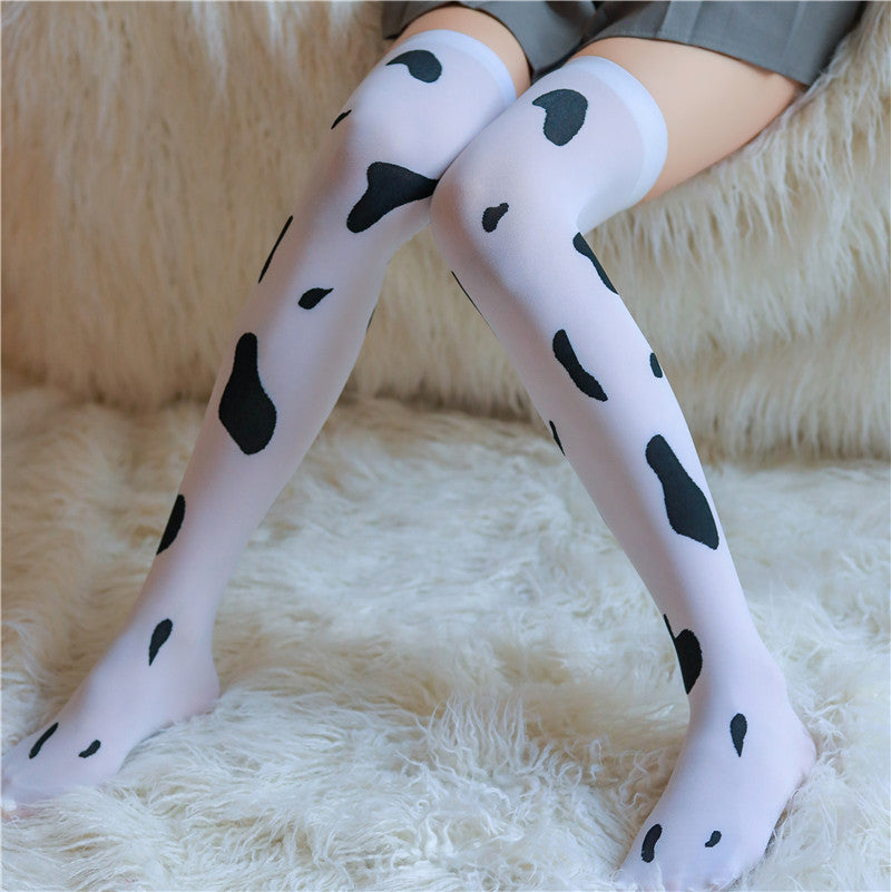 Image of Shu Yao erotic cow stockings sex stockings long milky white spotted socks high top over the knee W28